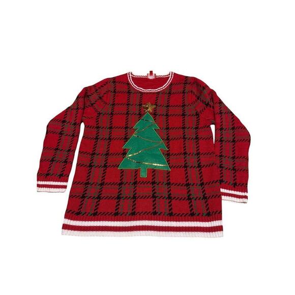 Joyland Sweaters - Joyland Plaid Christmas Tree Ugly Sweater Red